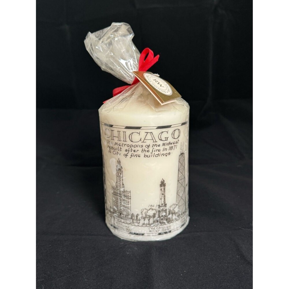 Vintage Chicago Souvenir Pillar Candle City Illustration Enesco Rosalind Walshe
